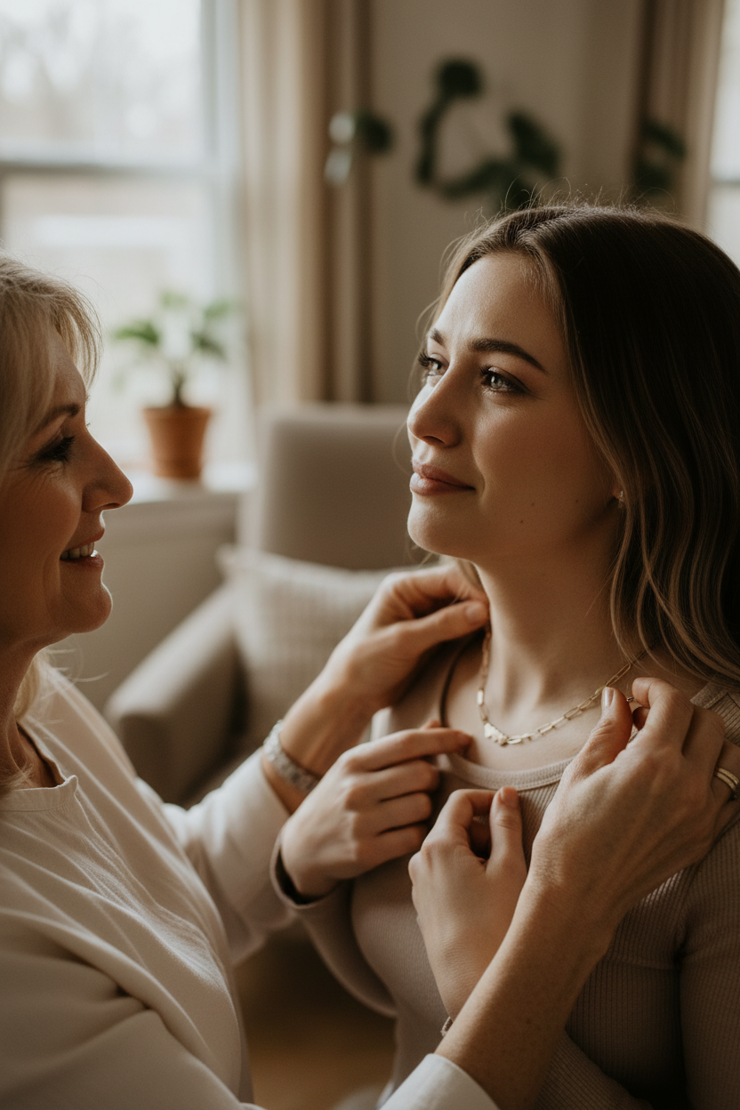 Mother giving daughter the 3 Little Loves Necklace