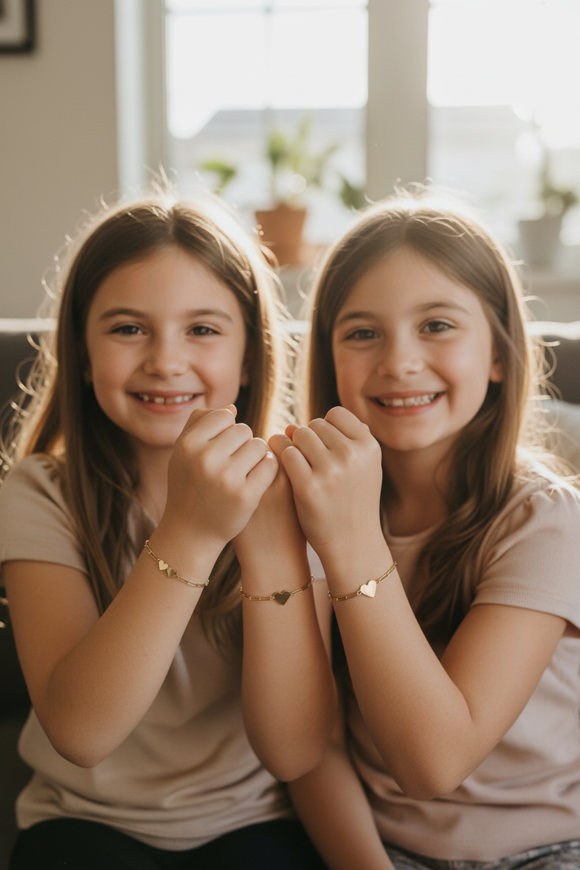 Two young girls wearing 2 Hearts Story Bracelet